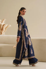 Luxurious Navy Blue Tussle Silk 3-Piece Embroidered Dress - Festive Edit