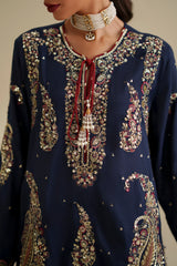 Luxurious Navy Blue Tussle Silk 3-Piece Embroidered Dress - Festive Edit