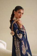 Luxurious Navy Blue Tussle Silk 3-Piece Embroidered Dress - Festive Edit