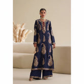 Luxurious Navy Blue Tussle Silk 3-Piece Embroidered Dress - Festive Edit