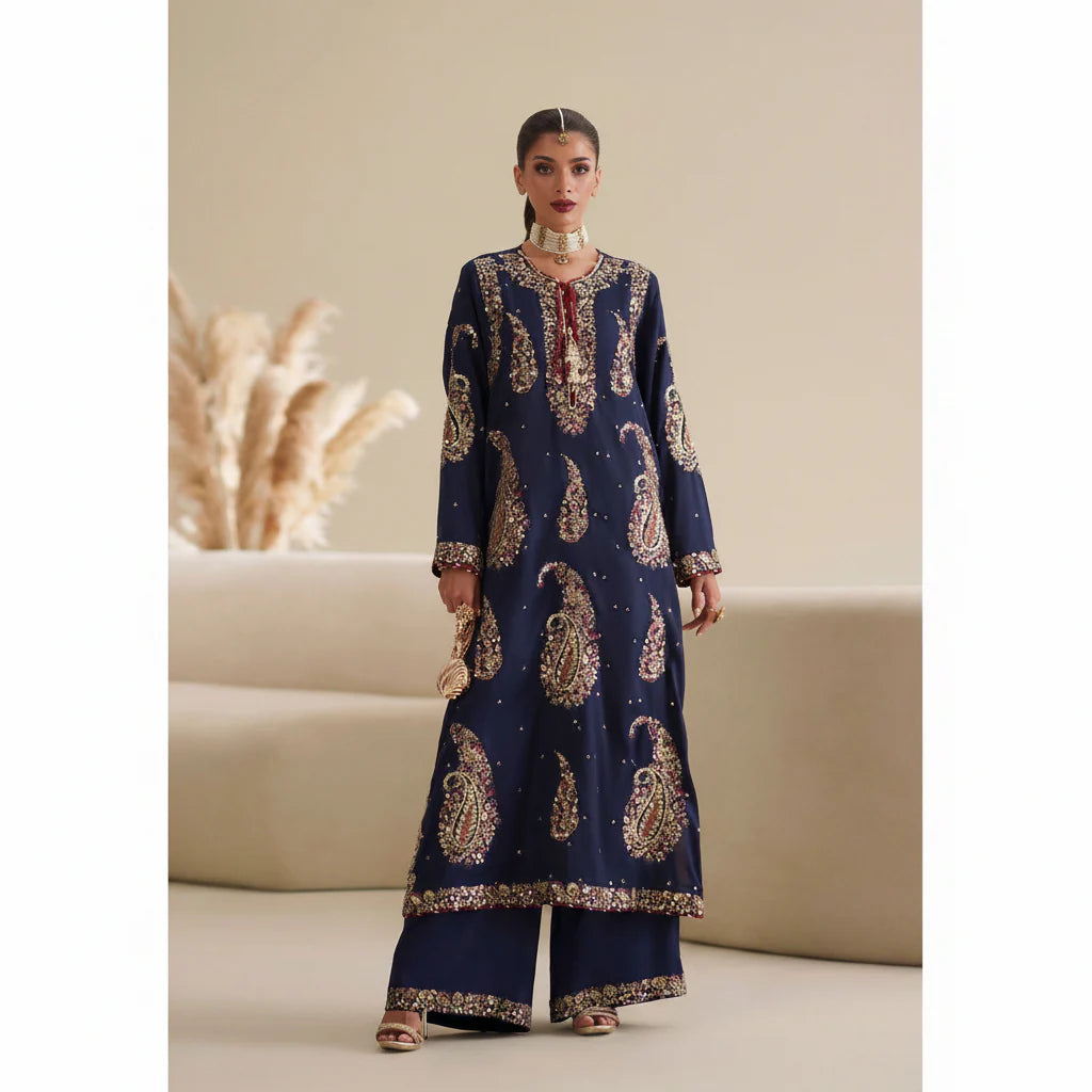 Luxurious Navy Blue Tussle Silk 3-Piece Embroidered Dress - Festive Edit