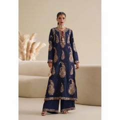 Luxurious Navy Blue Tussle Silk 3-Piece Embroidered Dress - Festive Edit